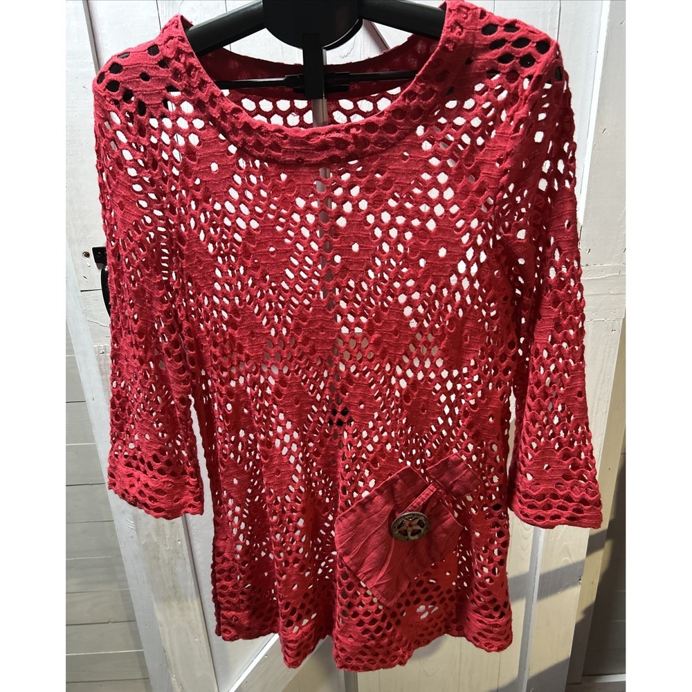 Kaktus Knit Tunic XL  Orange Crochet Overlay 3/4 Sleeve Button Decoration Boho